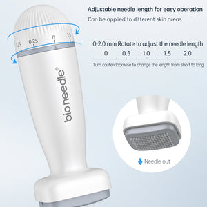 Instructional image of Dr. Pen Bio Needle highlighting its adjustable needle length feature, ranging from 0-2.0 mm, with a close-up on the needle head. Text and arrows indicate how to adjust the needle length for various skin areas.
