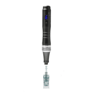 Dr pen M8 black microneedling pen attached to nano green pin cartridge 