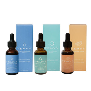 Femvy hyaluronic acid, Femvy copper peptide and Femvy vitamin c serums and box